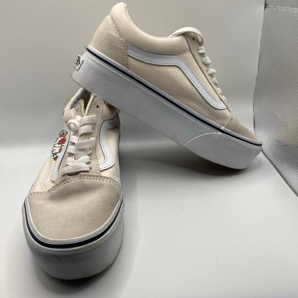 Vans Old Skool Platform Sneakers 7 Floral Embroidered Cream White Skate Shoes - Picture 3 of 8